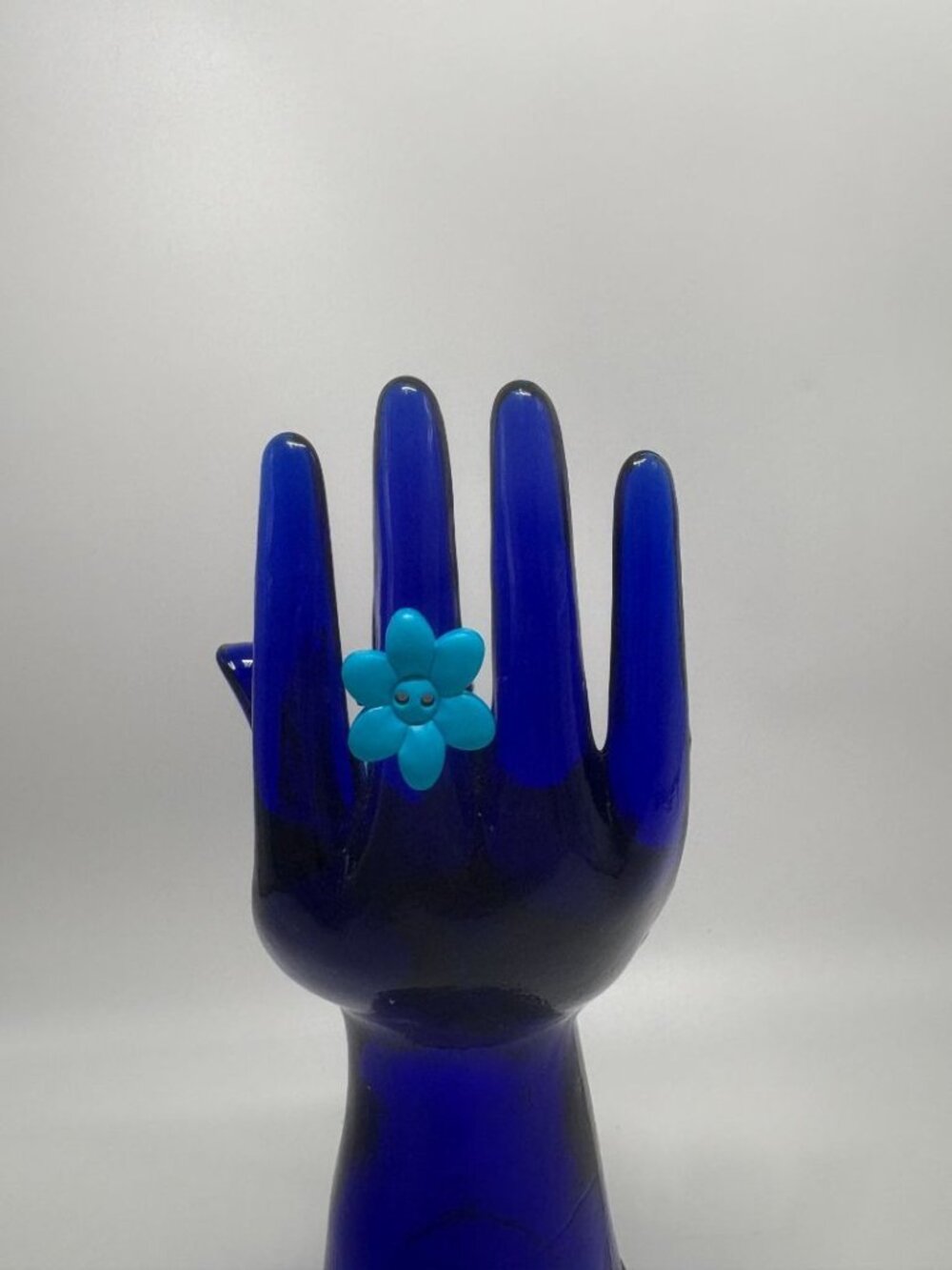 Blue Flower Handmade Acrylic Button Adjustable Ring